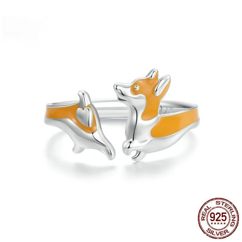 Silver ring with cartoon corgi design and adjustable sizing for women