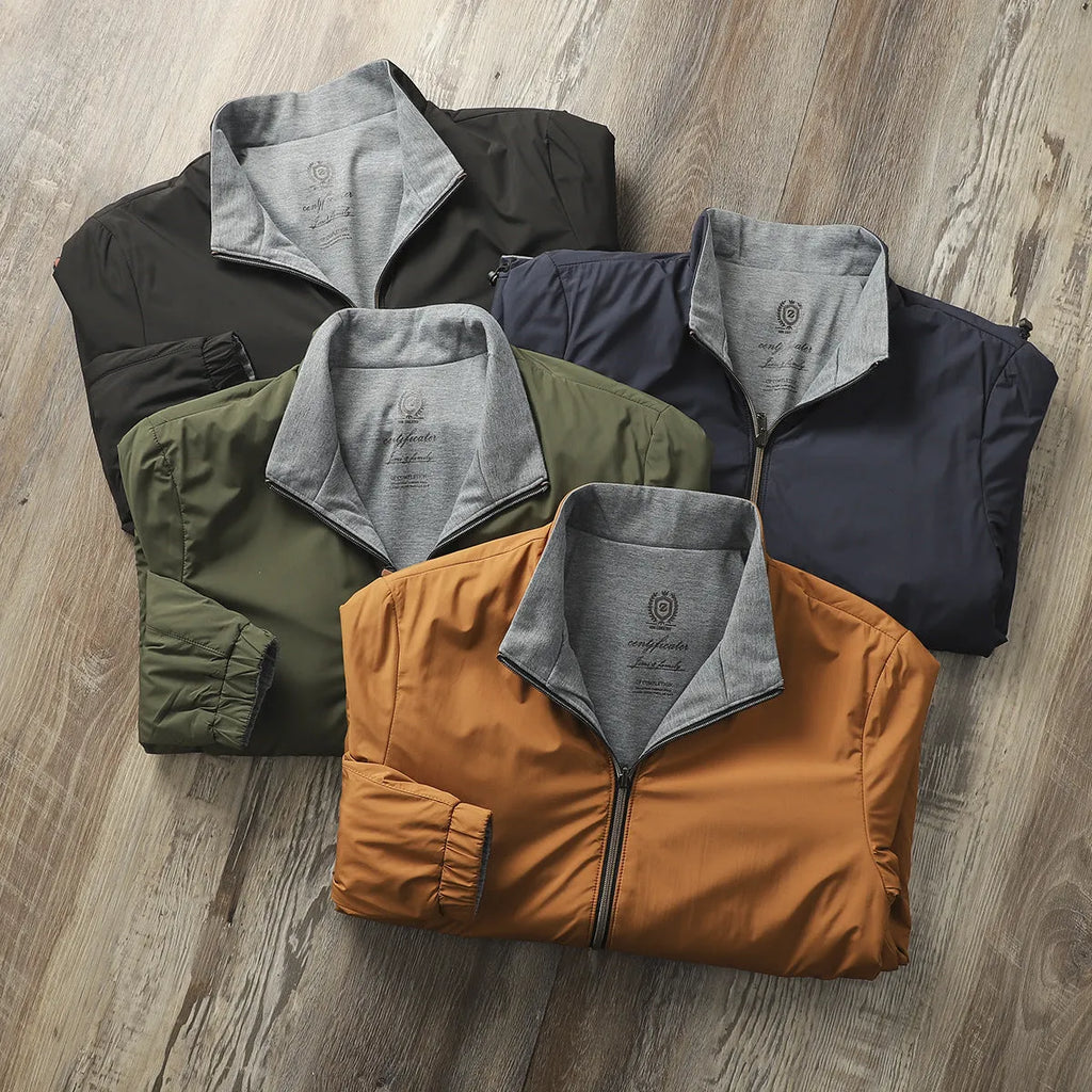 Men's Army Green stand collar casual jacket on a hanger, showing button front and regular sleeve cut.