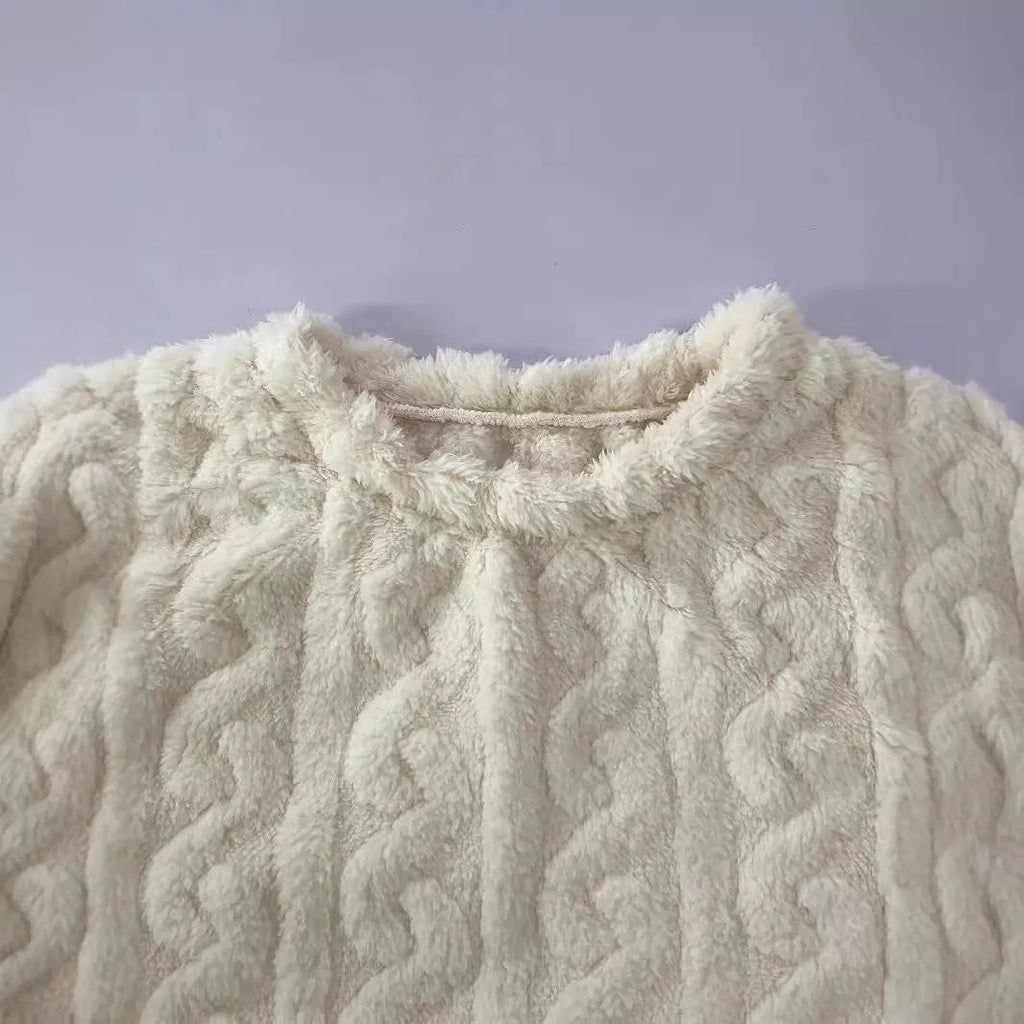 Women's milky white plush two-piece set with crew neck top and full-length pants on hanger
