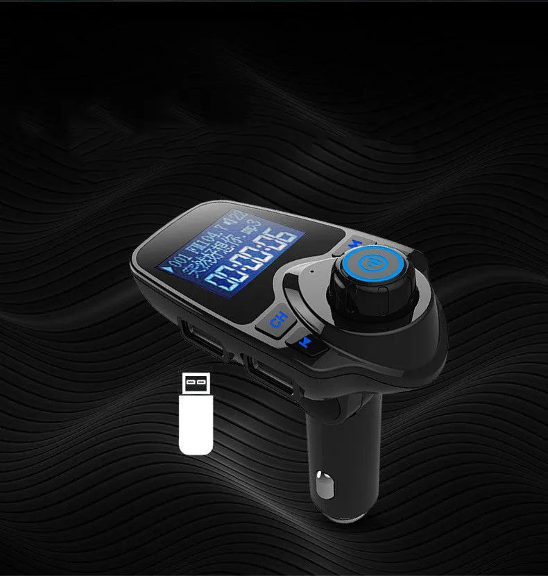 Black G7 car Bluetooth FM transmitter plugged into 12V socket with USB port and TF card slot visible