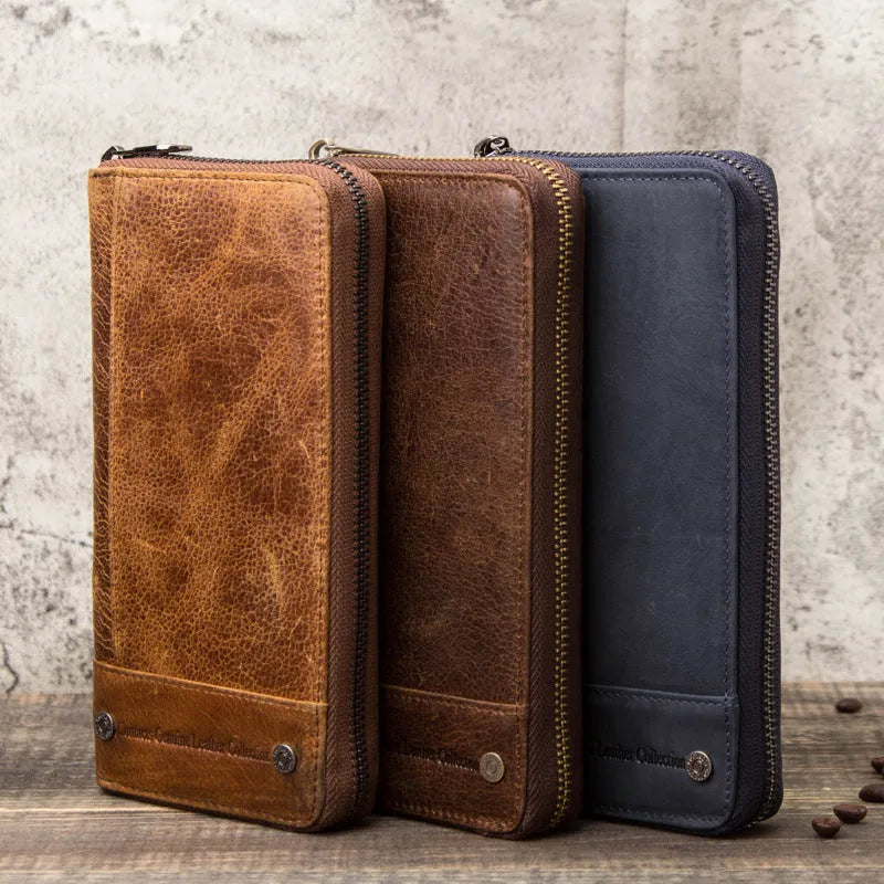 Brown genuine leather men's wallet with card compartments and visible stitching