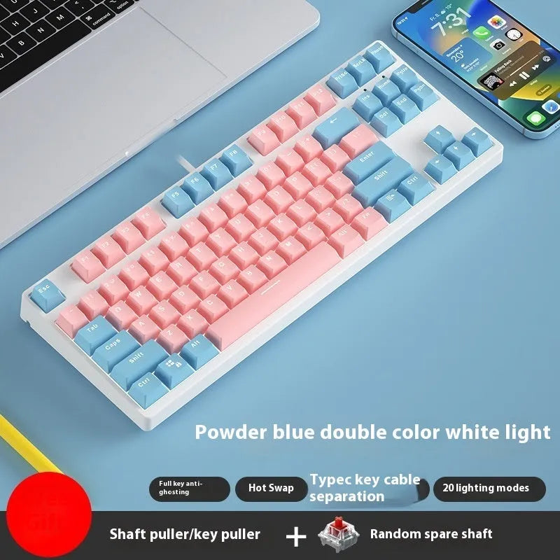 87-key wired mechanical keyboard with two-tone keycaps and metal frame, showing compact design and included tools