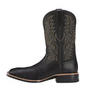 Black Western cowboy boot with high embroidery stitching, square toe, and low heel on a neutral background