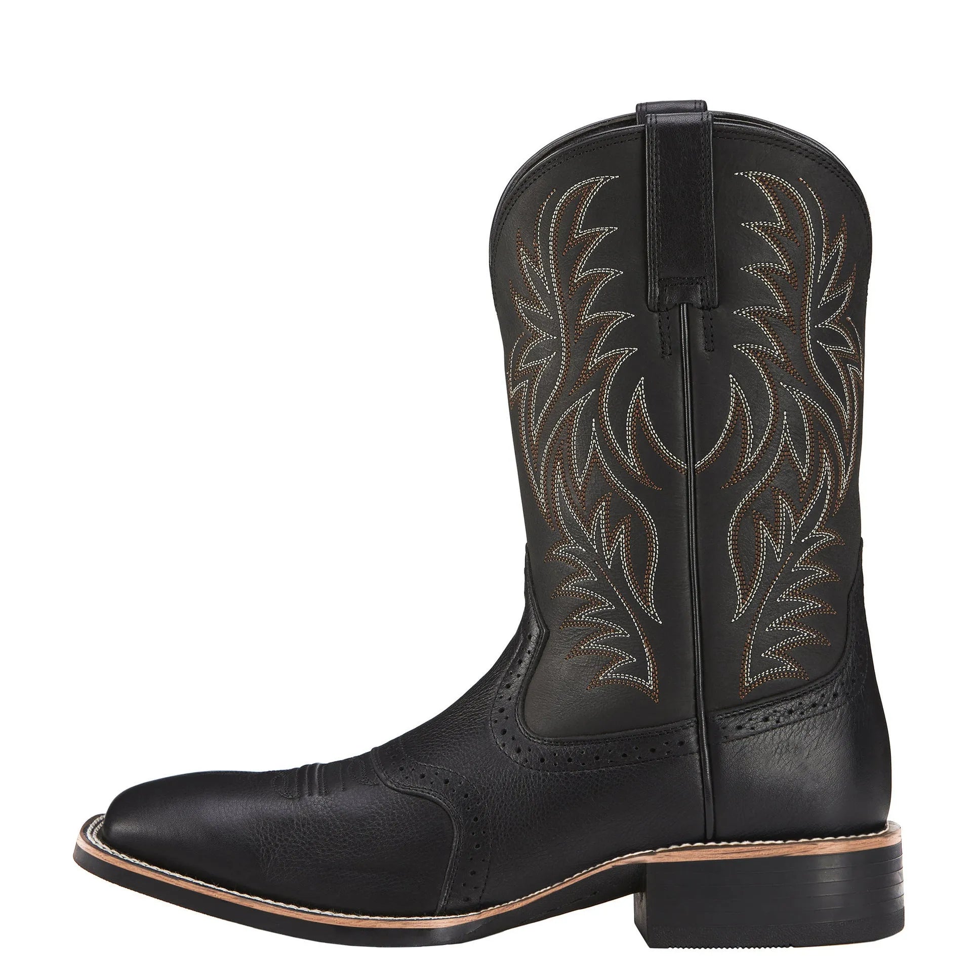 Black Western cowboy boot with high embroidery stitching, square toe, and low heel on a neutral background