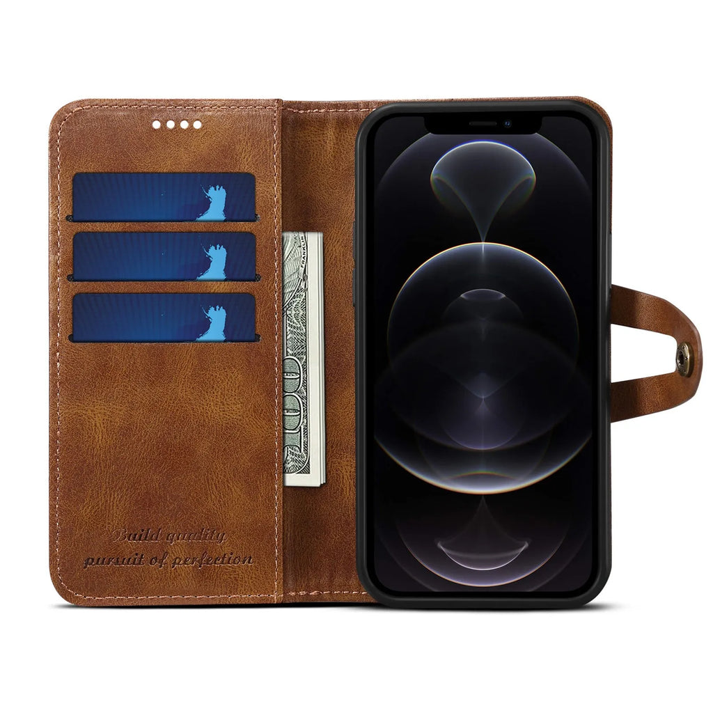 PU flip wallet phone case in black, brown, red, or blue for iPhone 13 and iPhone 12 models