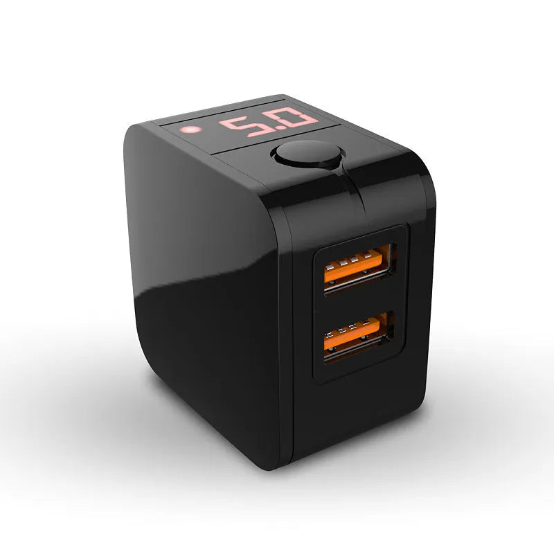 5V2.4A dual USB travel charger with digital display showing charging parameters, compact black design with regional plug