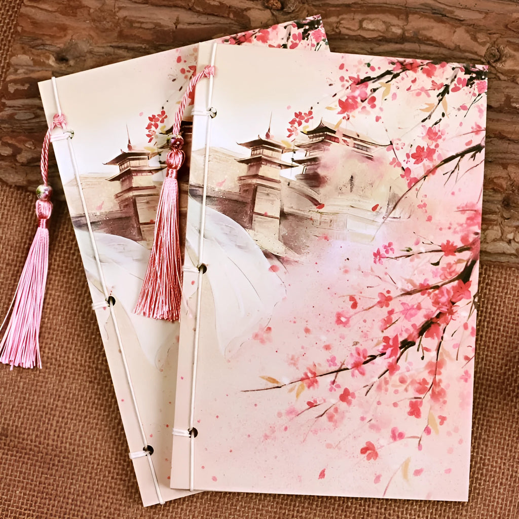 Chinese style thread-bound notebook with watercolour azalea design on cover, showing traditional binding