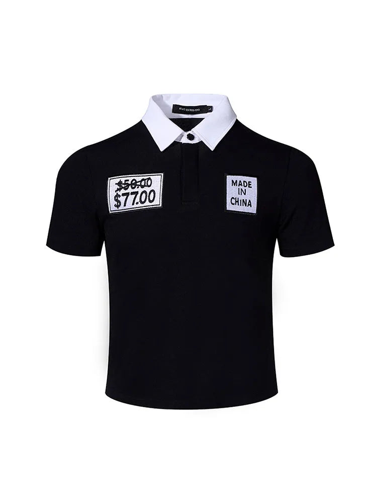 Black slim fit men's polo shirt with short sleeves and embroidery hat design detail
