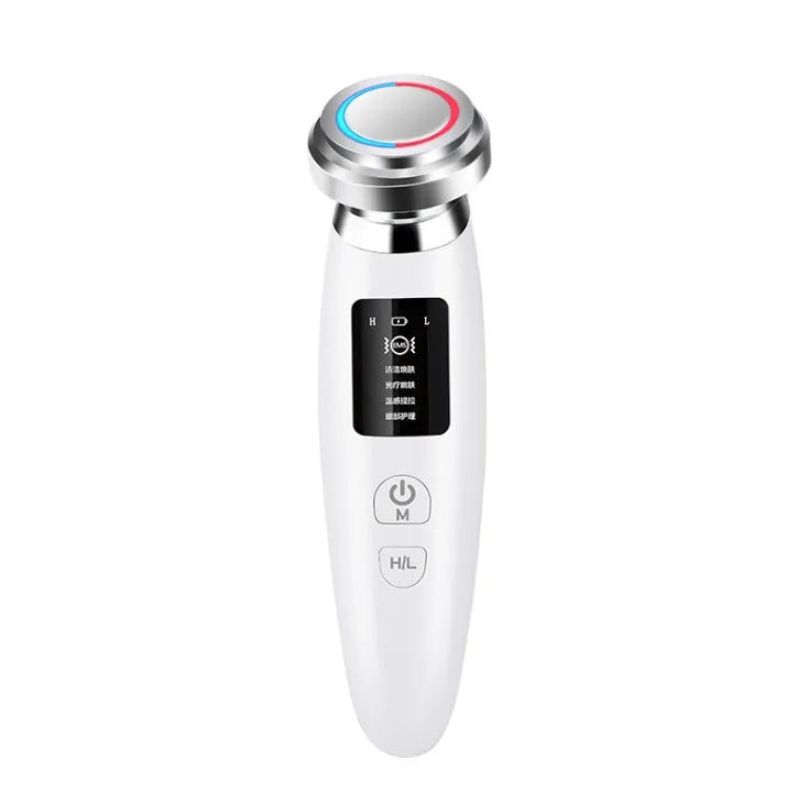 Pink LED cleansing and rejuvenating beauty instrument with facial brush, 185mm length handheld design
