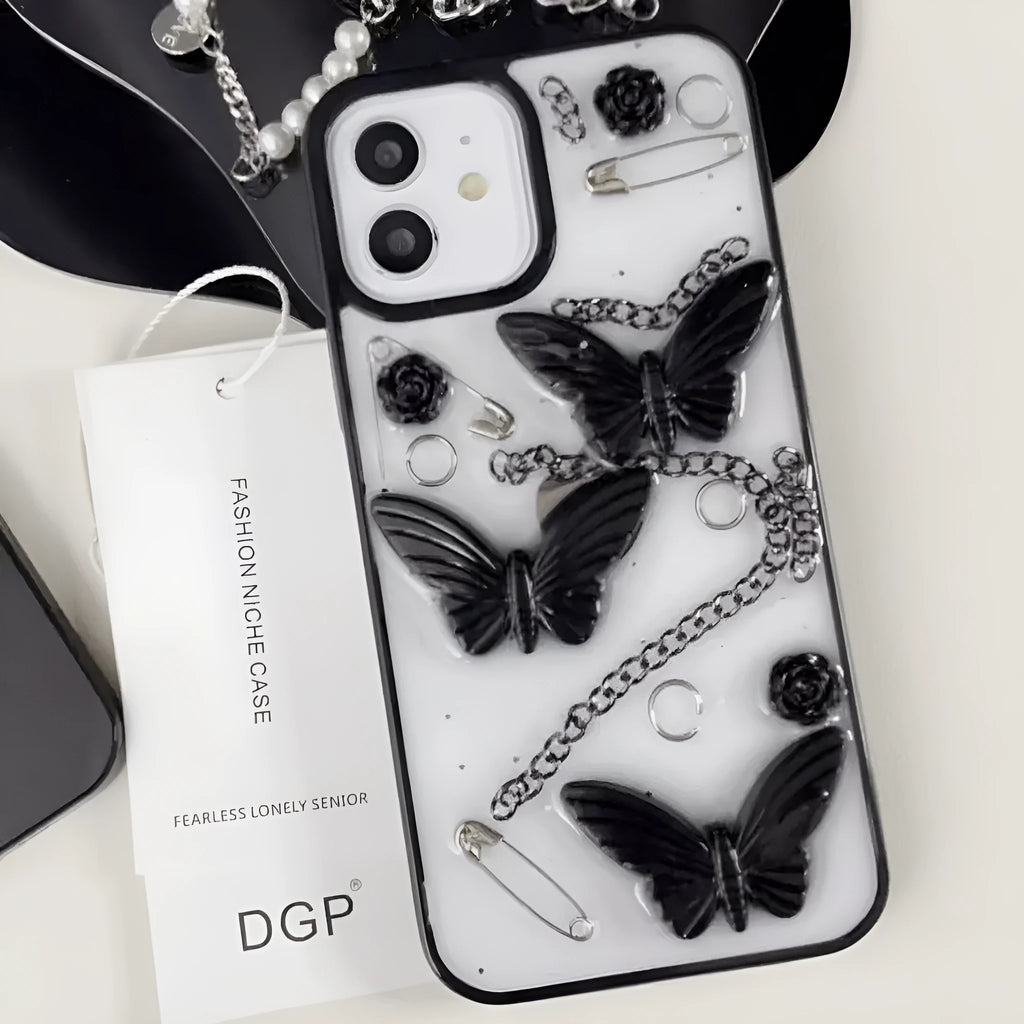 Dark wind 3D butterfly phone case with black bow and drop glue texture for Apple iPhone models.