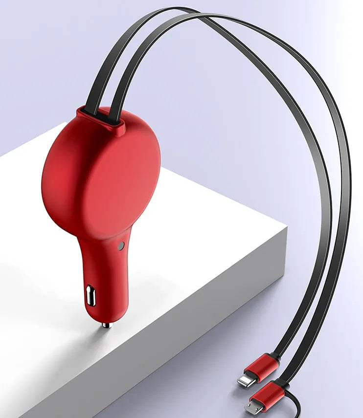Black retractable car charger with extended cables showing dual ports for fast charging devices in vehicle