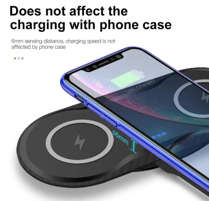 Black and white dual 10W wireless charger charging two phones simultaneously on silicone anti-slip base