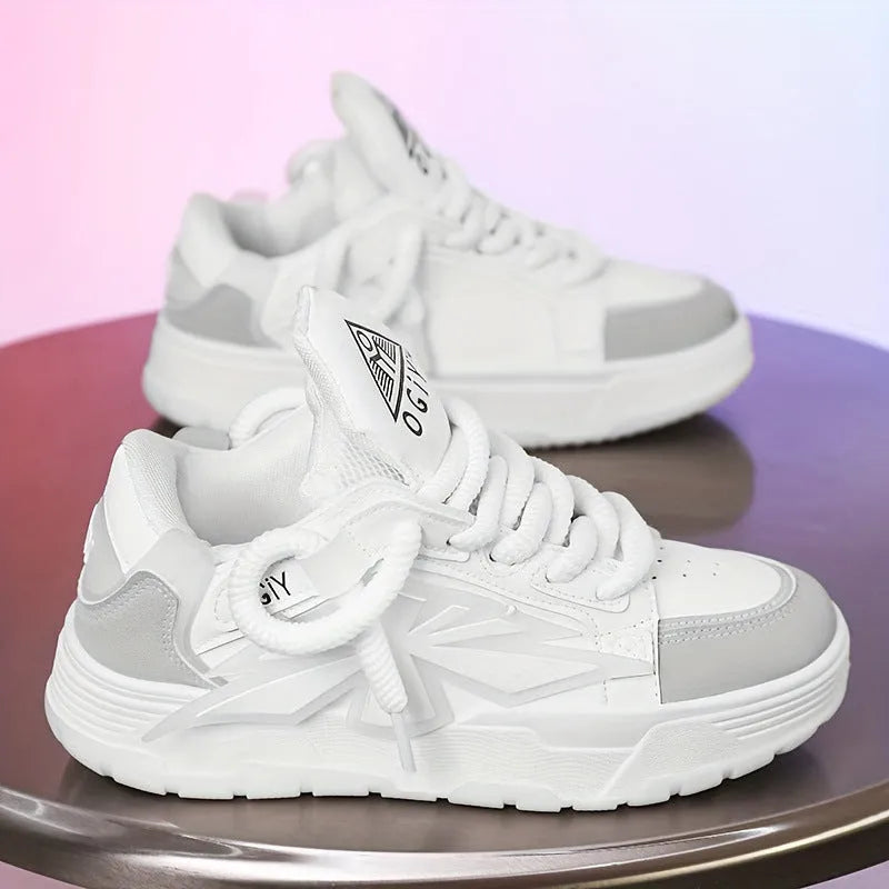 Men's white Harajuku clunky sneakers with cartoon totem patterns, 3-5cm heel, and rubber sole for casual wear