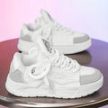 Men's white Harajuku clunky sneakers with cartoon totem patterns, 3-5cm heel, and rubber sole for casual wear