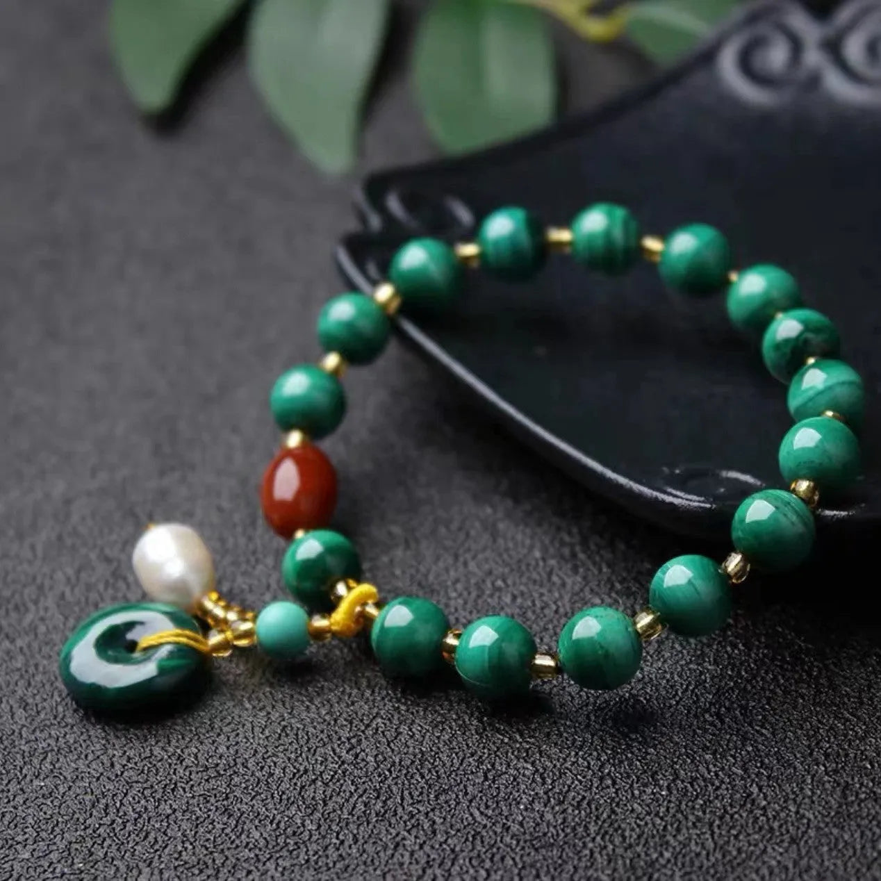 Natural malachite and red agate barrel bead bracelet with approximately 7-8mm beads