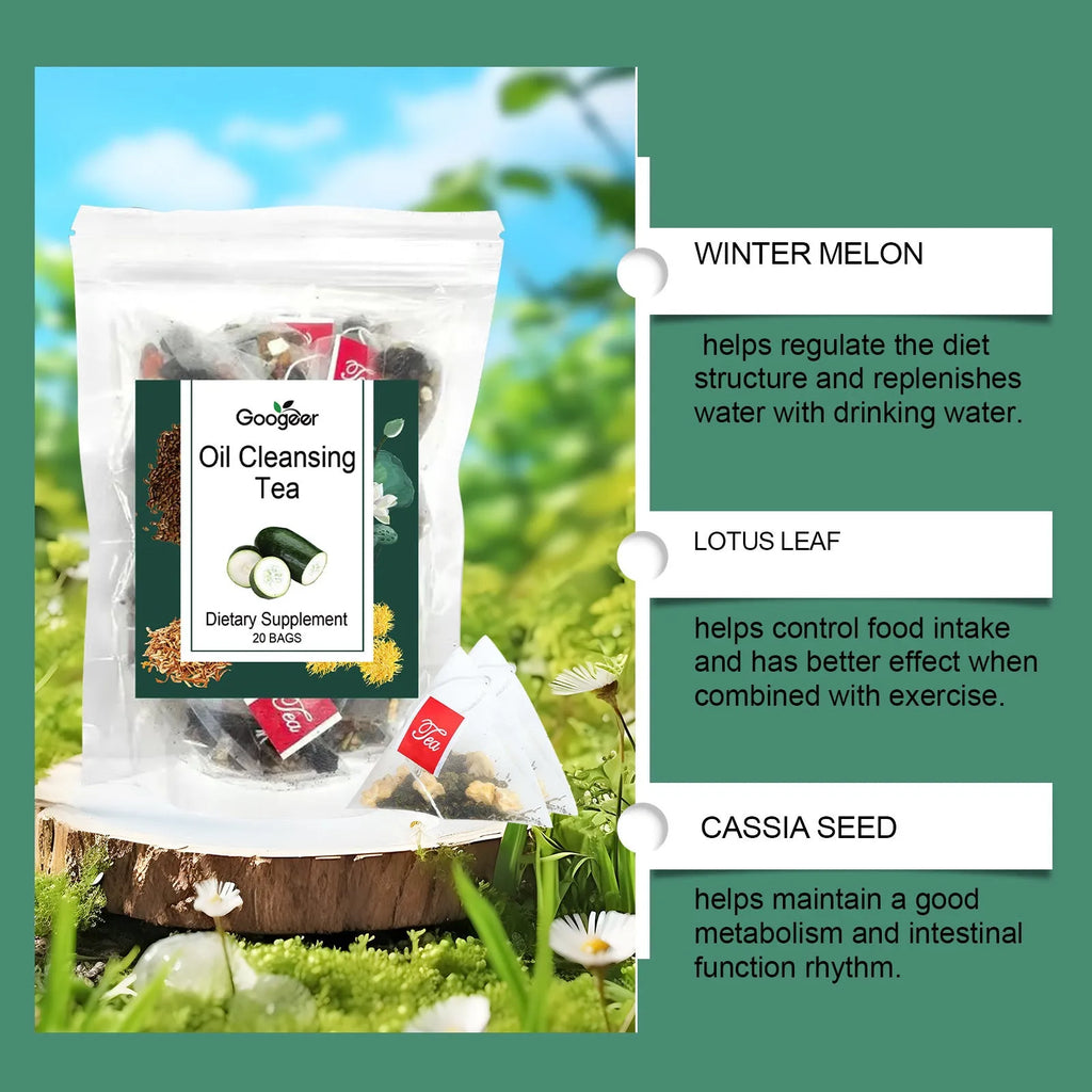 Googeer Oil Cleansing Herbal Tea box with 20 individual tea bags containing a blend of Chinese herbs.