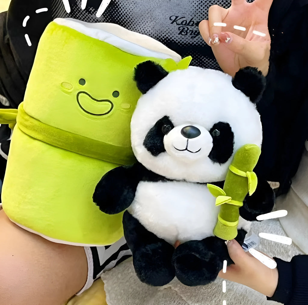Panda plush doll pillow holding simulated bamboo tube, black and white soft toy