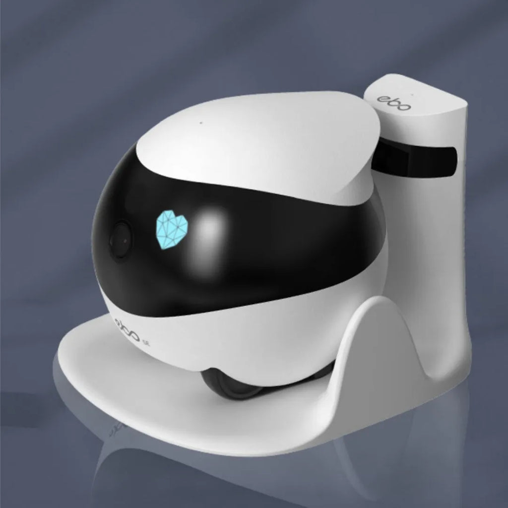 Smart home mobile surveillance robot camera in white with automatic docking station, dimensions 95x94x89mm