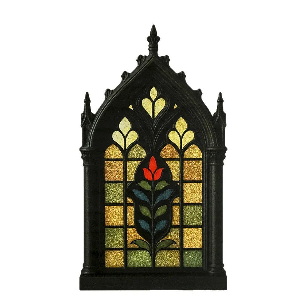 Black rustic wooden Gothic-style door frame wall rack for storage and decoration.
