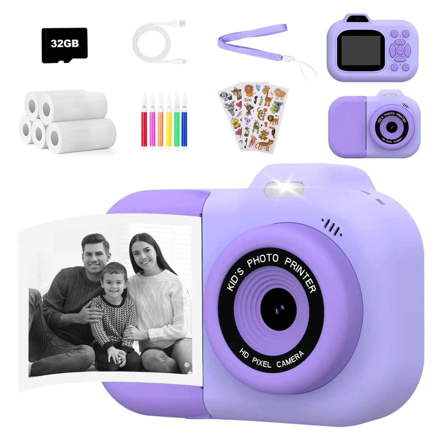 Children's plastic digital camera toy in pink, blue or purple with photography, video and game functions