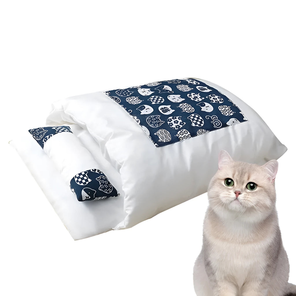 Winter cat bed house with removable pillow cushion in sleeping bag design