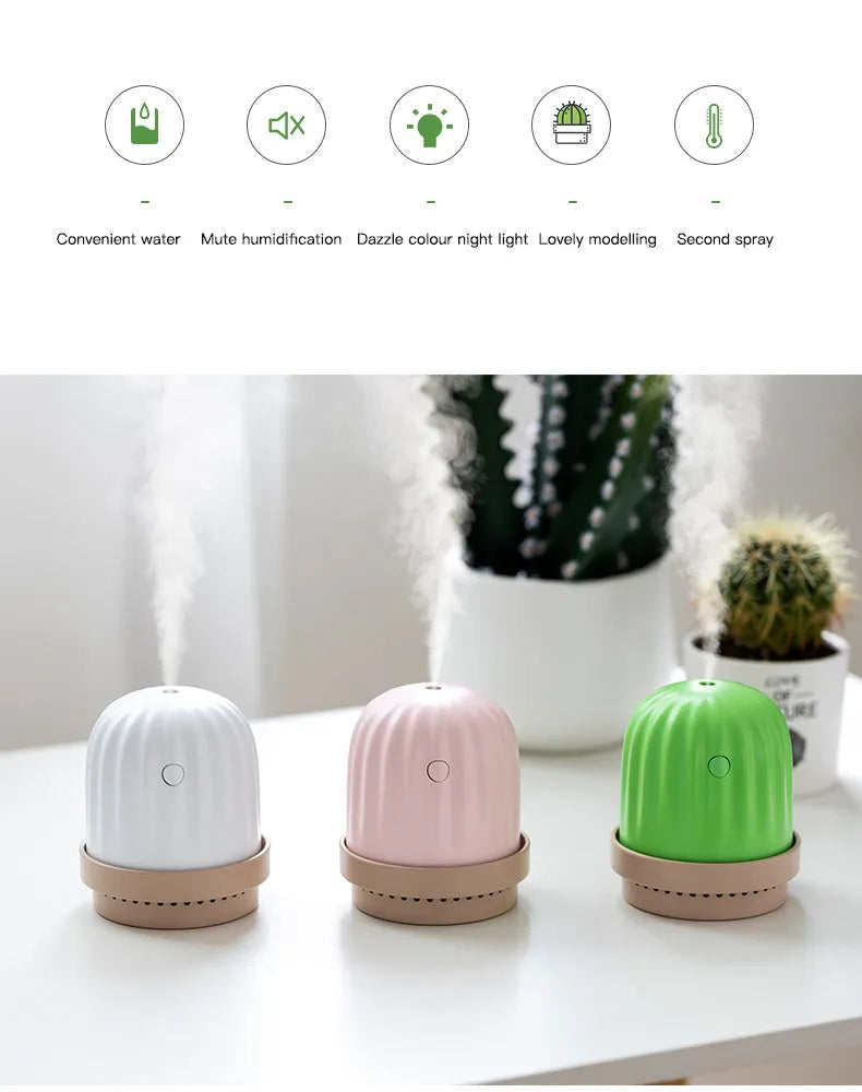 Cactus humidifier night light in green, pink, or white, 260ml tank, USB or rechargeable, 98 x 98 x 112mm