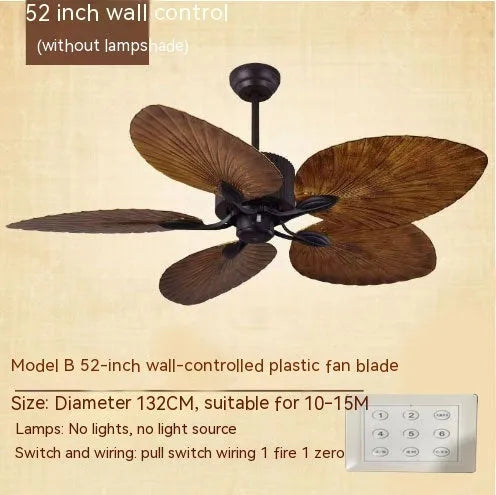 Retro-style ceiling fan light with wooden blades and three copper lampshades, mounted on a white ceiling.