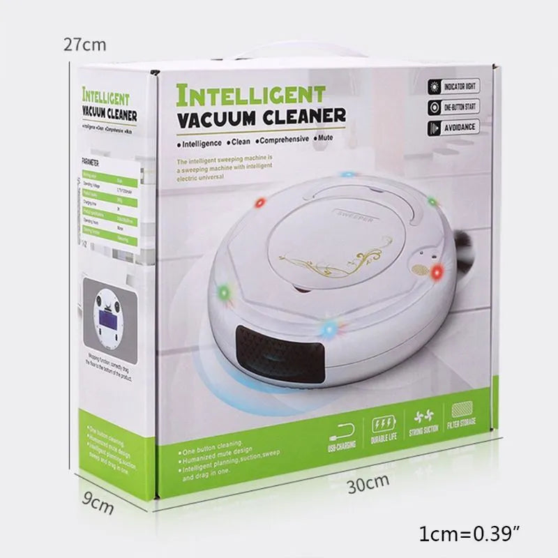 Lazy Smart Vacuum Cleaner floor sweeping robot in blue, black, or white colours with charging cable and accessories