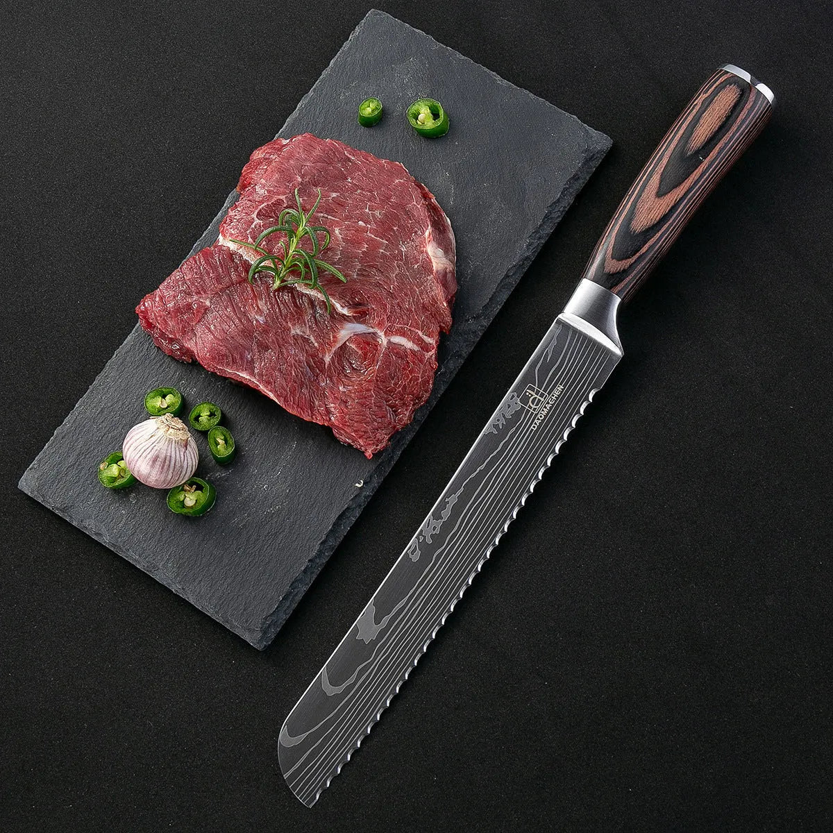 Professional kitchen knife with laser Damascus pattern on 7CR17 stainless steel blade, colour steel handle