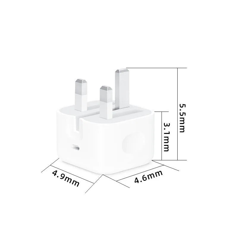 White British 20W PD fast charger with UK plug and Type-C cable on a table