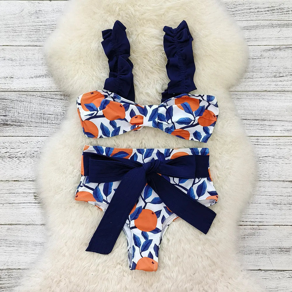 Women's blue leaf orange printed high waist bikini swimsuit with sleeveless design