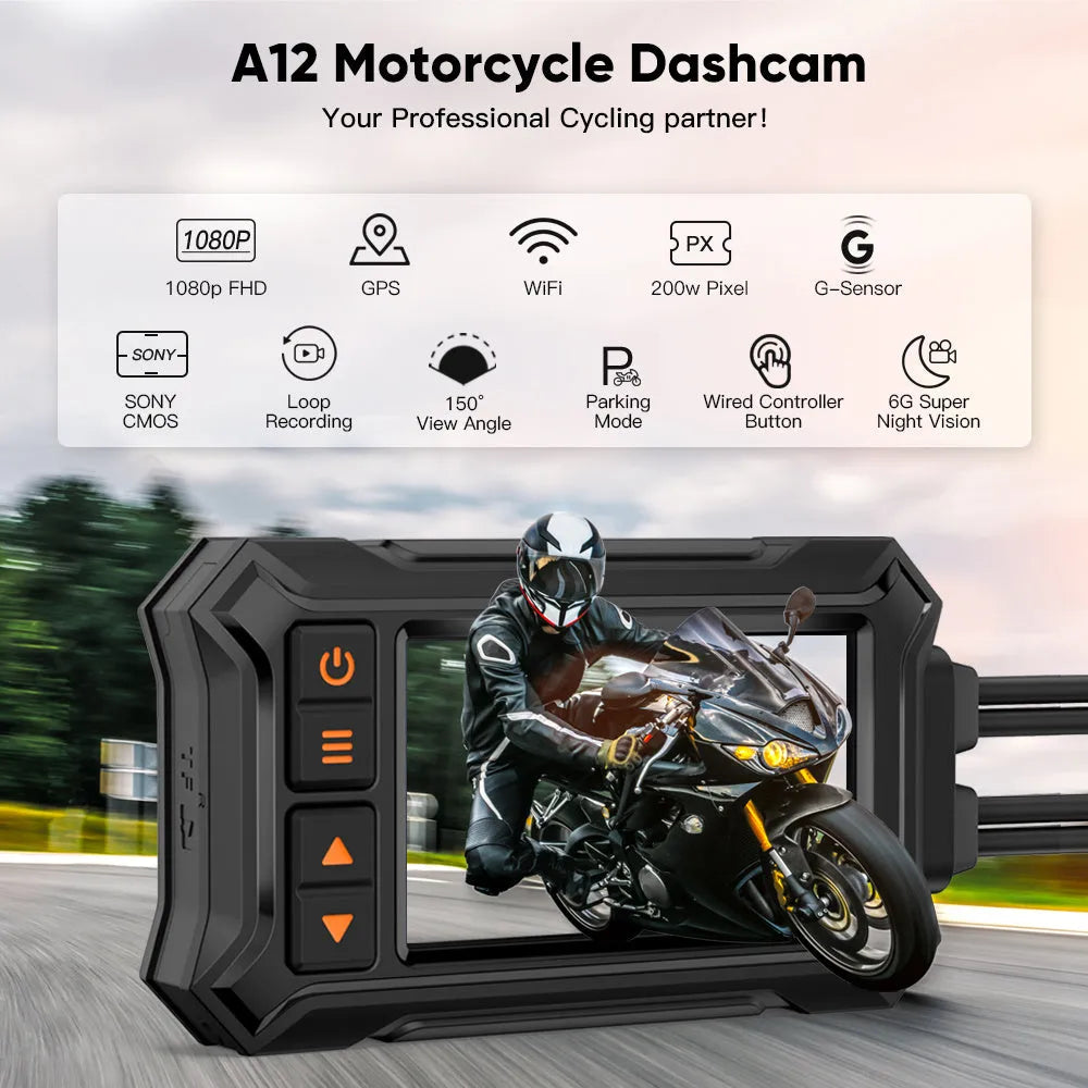 Motorcycle tachograph with dual lenses, GPS module, and waterproof housing for 1080P recording