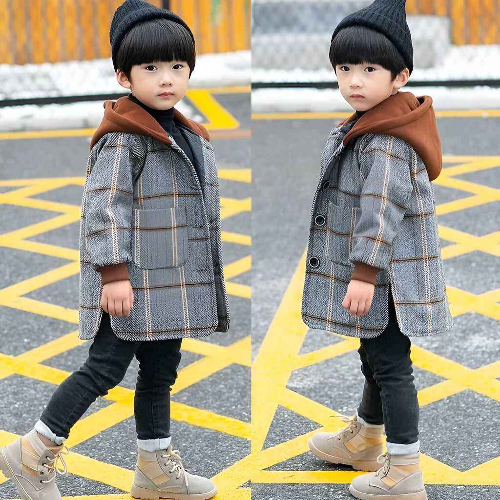 Boys' cotton woolen coat in grey or brown, Allen woolen cloth, sizes 110-160