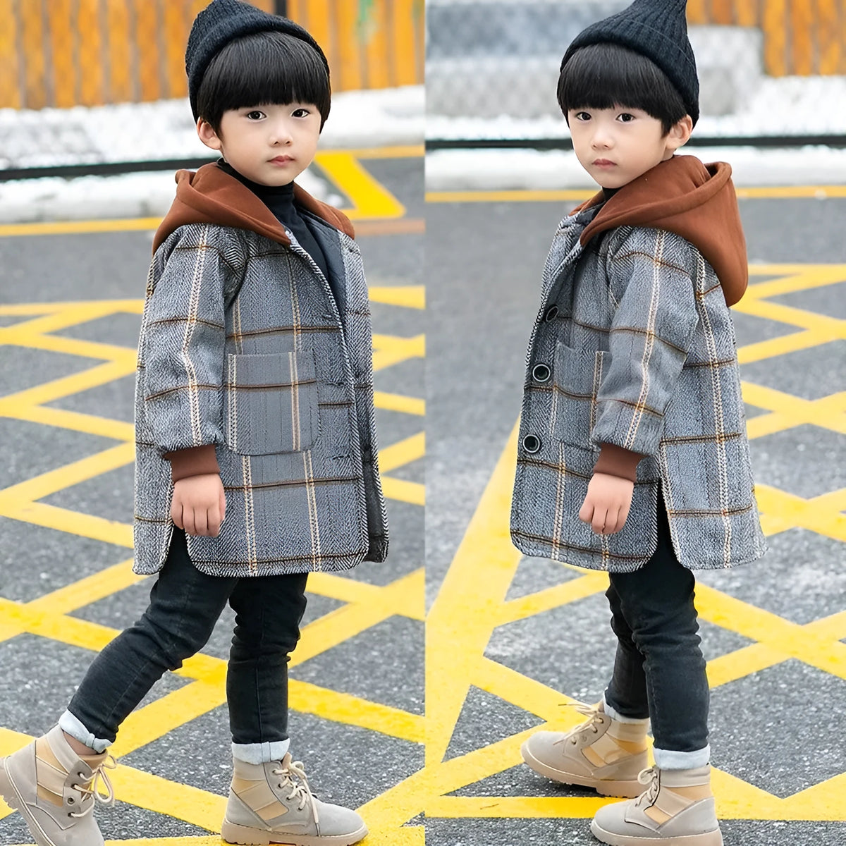 Boys' cotton woolen coat in grey or brown, Allen woolen cloth, sizes 110-160