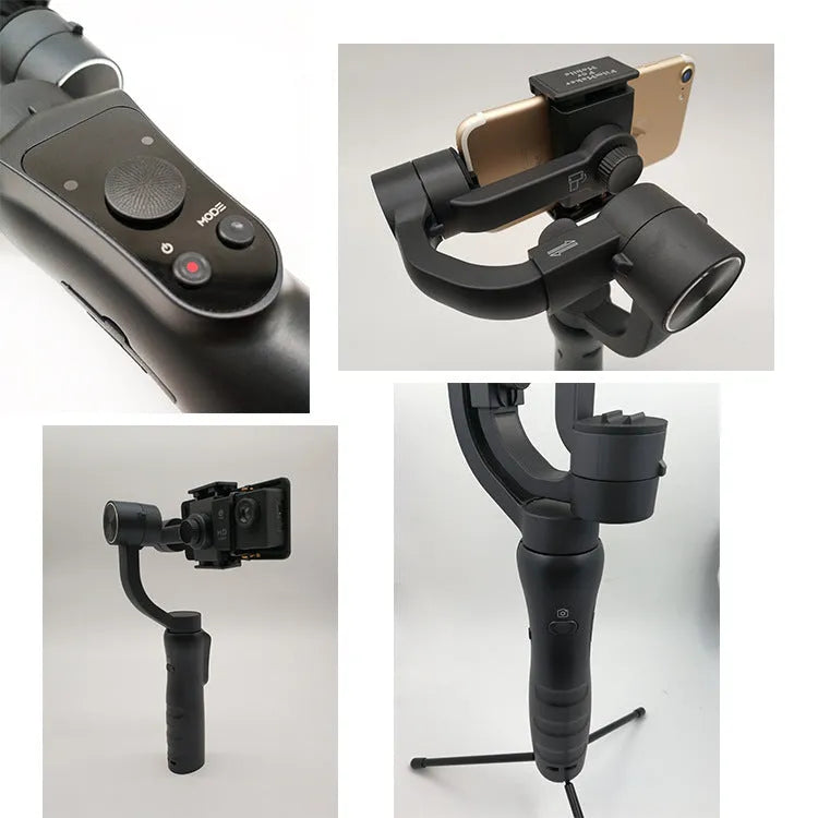 Black 3-axis handheld smartphone gimbal stabilizer showing rotation capabilities for phones below 6.5 inches