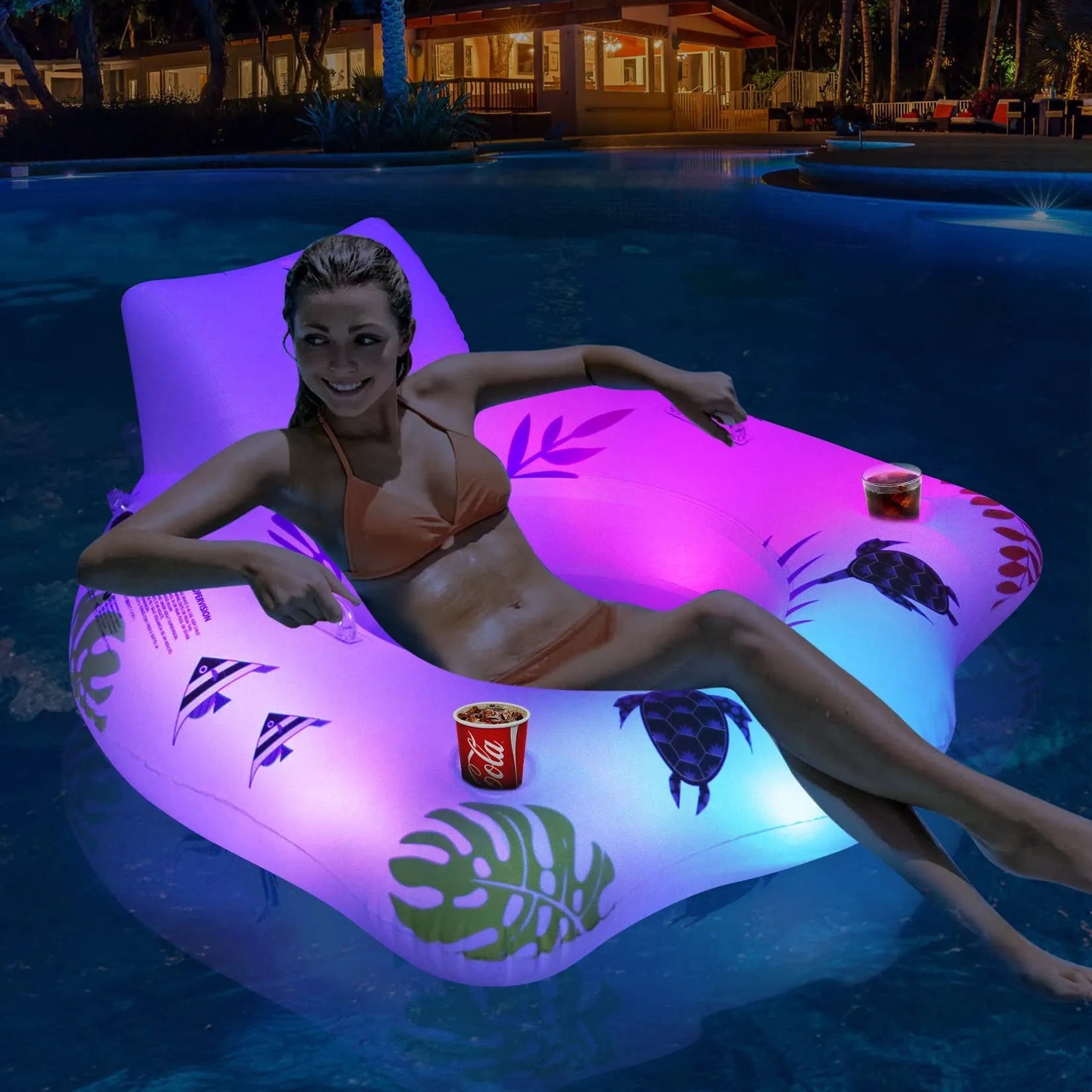White U-shaped inflatable pool float with LED lights, measuring 120x120cm