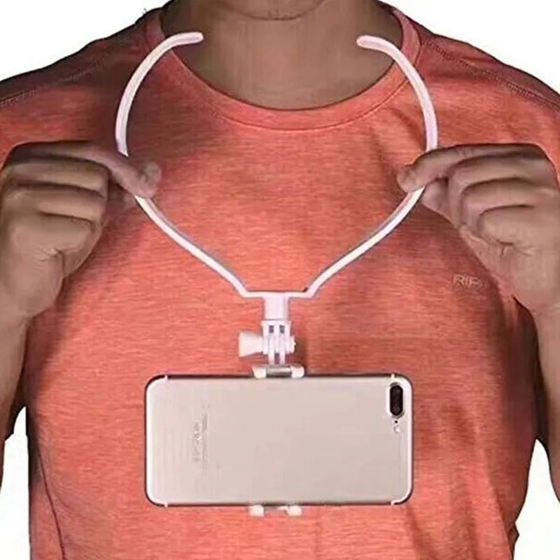 Black wearable neck phone holder with smartphone mounted, showing 180-degree adjustable angle for hands-free recording