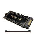 Black 10-port PC RGB lighting hub with 5V motherboard cable and SATA power connector.
