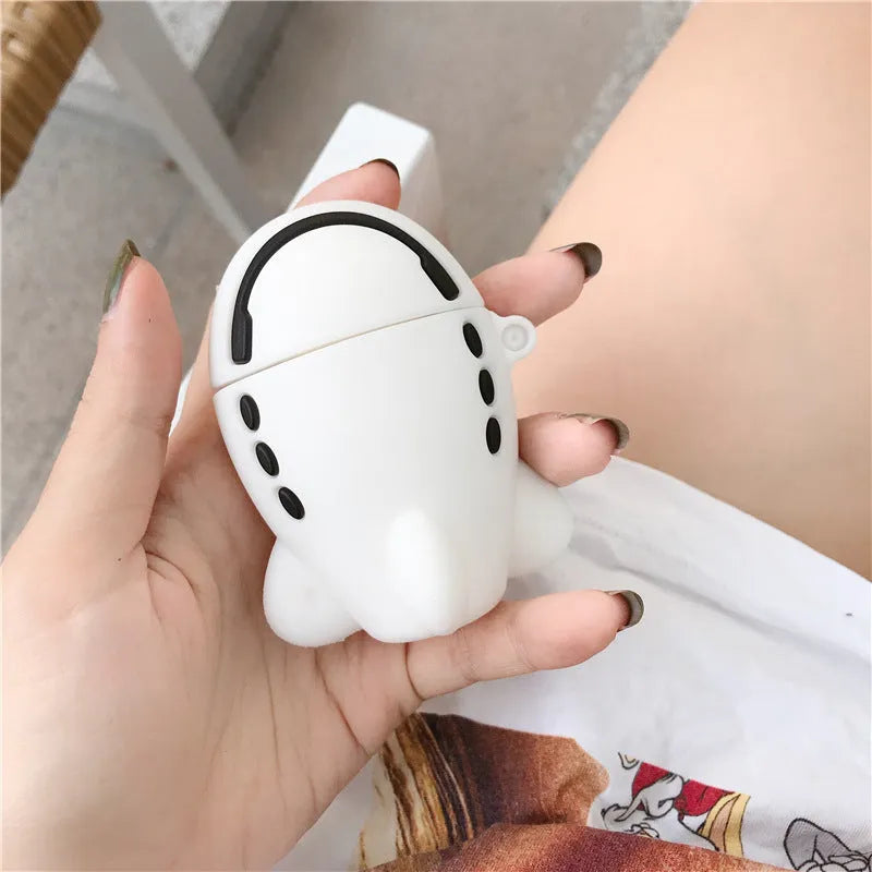 Cartoon airplane headset design silicone protective case for Apple AirPods with a carrying hook.