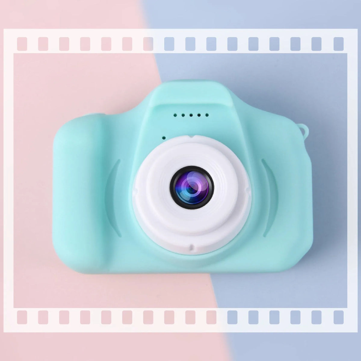 Children's portable digital camera toy with games, photo stickers, videos and photos, charger and packing box, blue green or pink