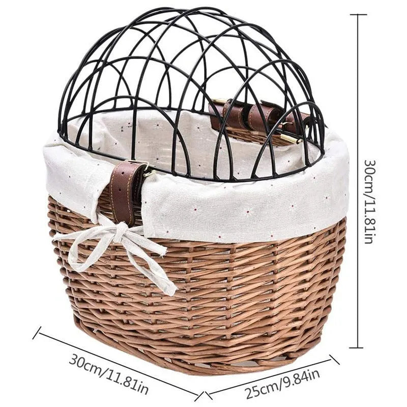 Honey colour wicker bicycle front handle basket, medium size, used as a pet seat for a cat or dog on a road bike
