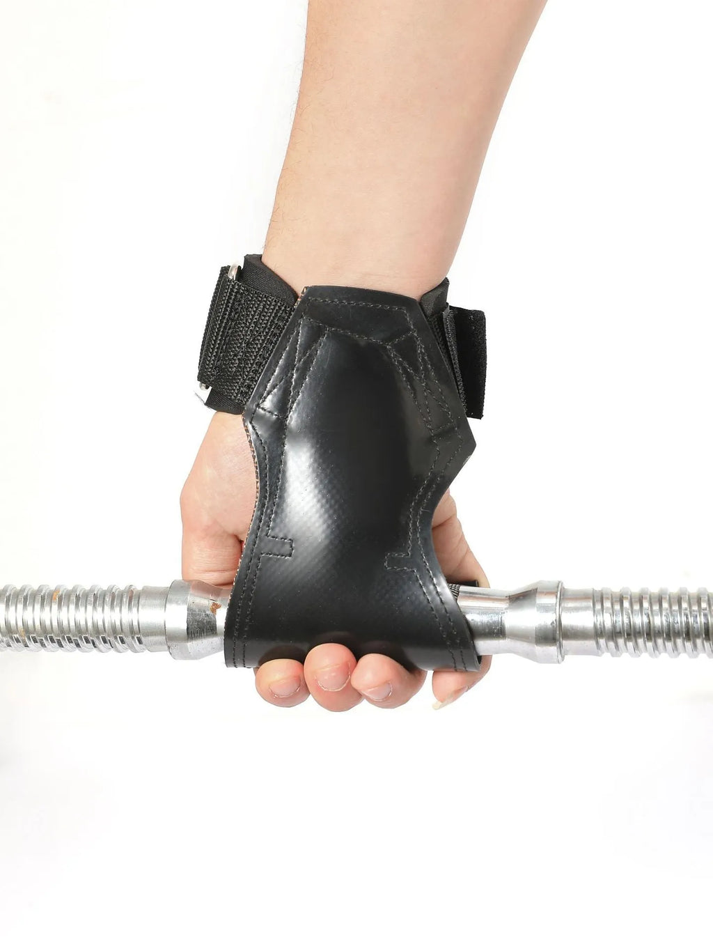 Black rubber non-slip weightlifting palm protectors with an assist belt for rock climbing.