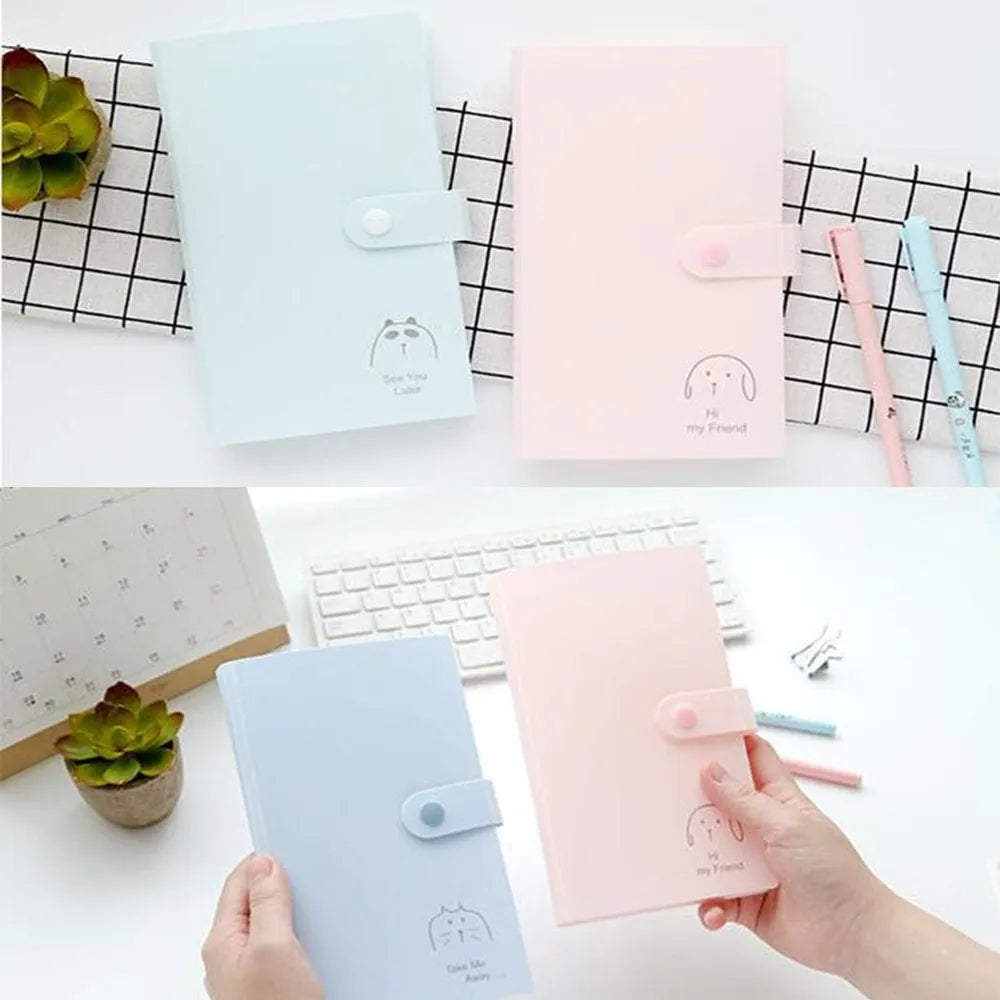 Blue PVC and PP business card holder book with protective shell showing insert pockets and smile logo.