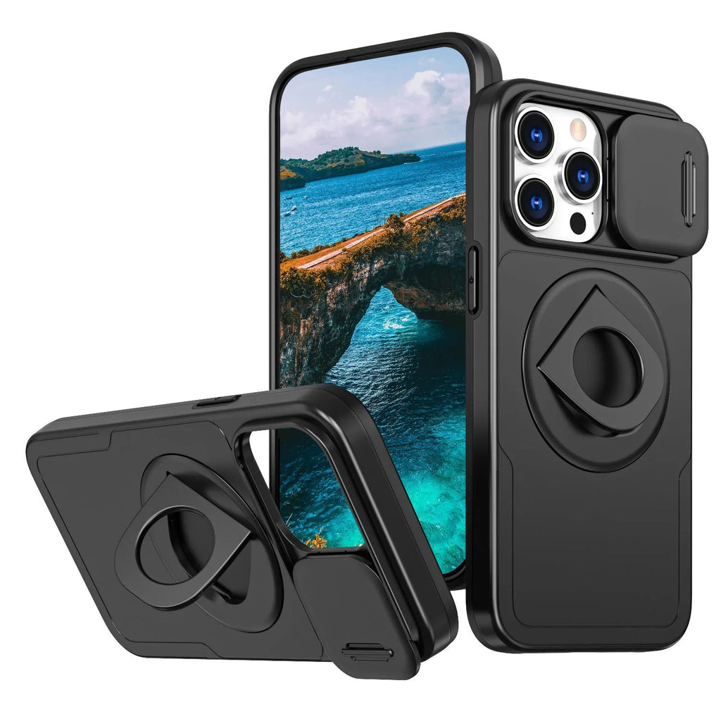 Sliding window magnetic ring phone case with rotating bracket for Apple iPhone in black, blue, red and purple