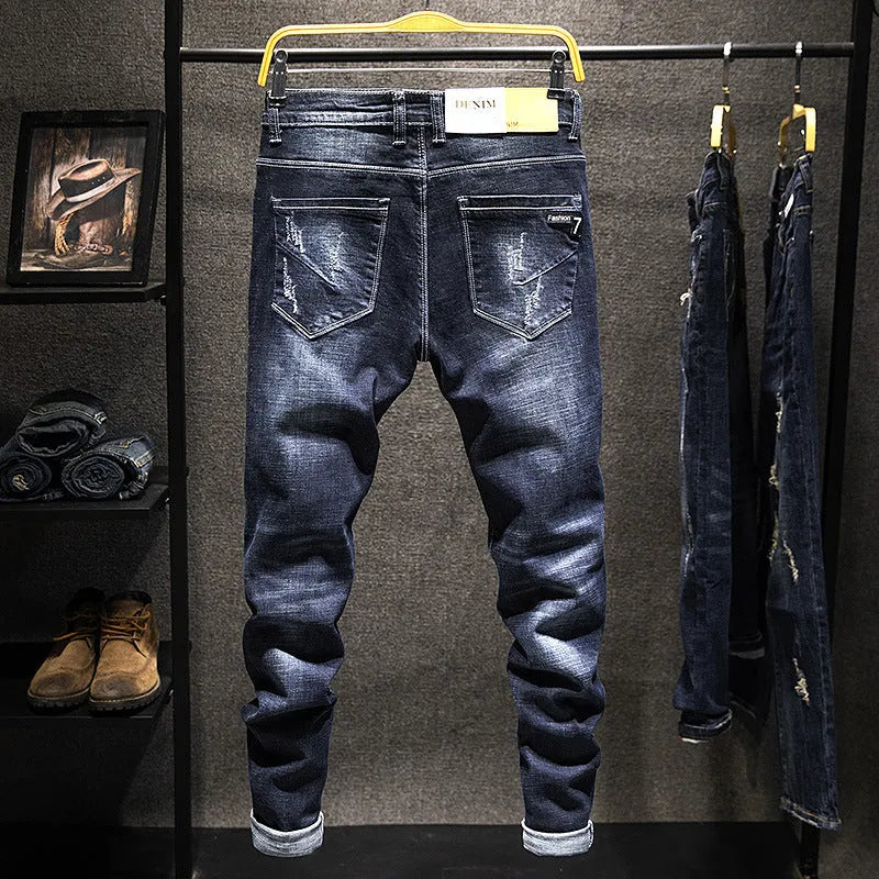 Men's slim-fitting denim jeans in dark blue and light blue colours showing micro-elasticity and mid-waist design