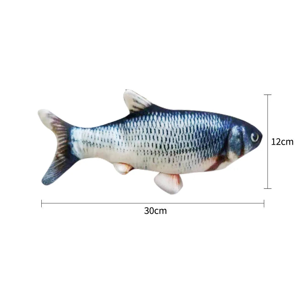 Multicolour 30cm electric jumping fish cat toy with a USB charging cable.
