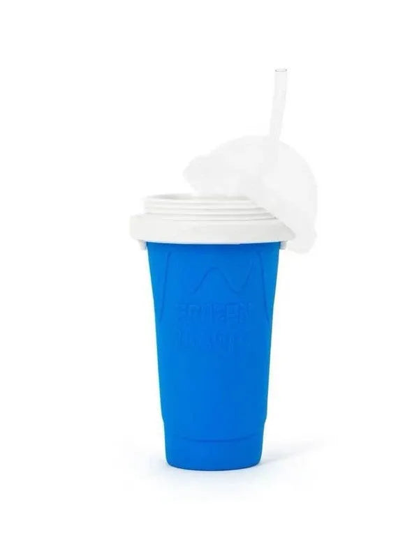 Blue silicone slushy cup with double-layer construction for making frozen drinks without electricity