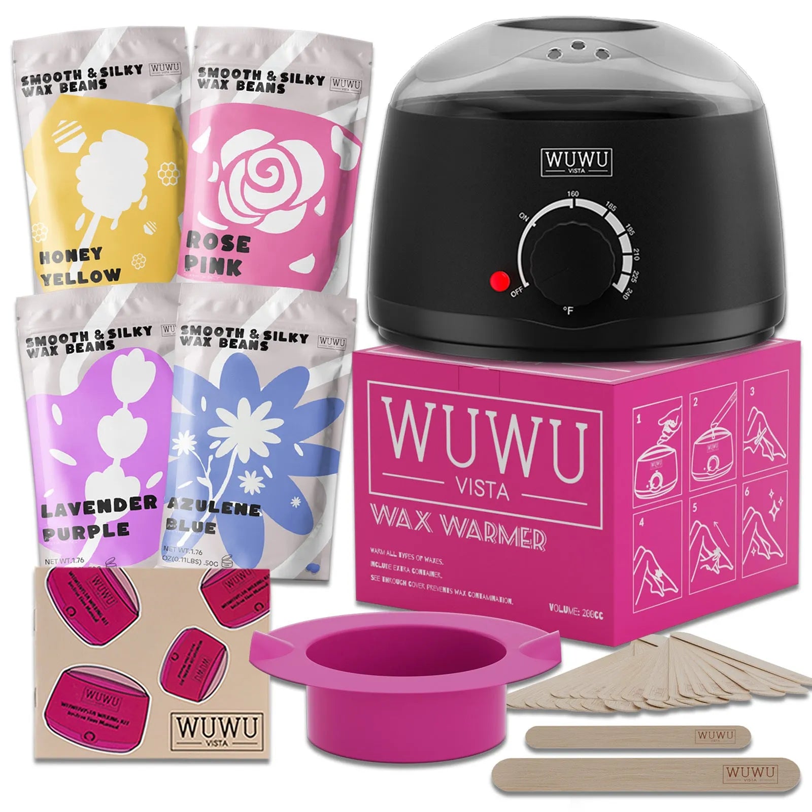 27-piece hypoallergenic wax kit showing wax machine, four colour wax beads, face and body sticks, multilingual guidebook