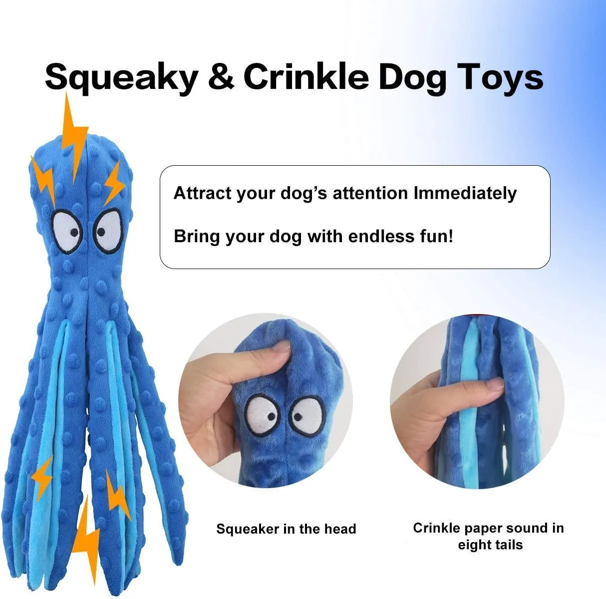 Blue octopus-shaped dog chew toy with crinkle paper and squeaker, no stuffing.
