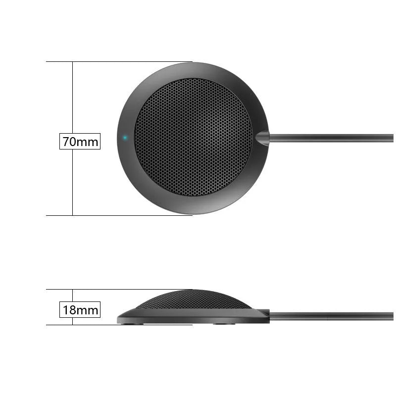 Black USB conference microphone with metal mesh cover and 70mm diameter